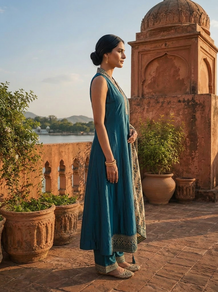 Peacock Silk Zari Embroidery Three Piece Set With Floral Dupatta