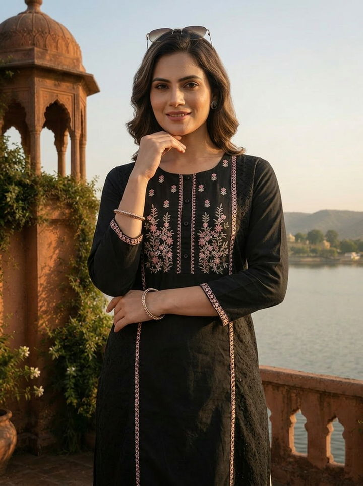 Black Cotton Multi Color Foil Mirror Embroidery Kurta