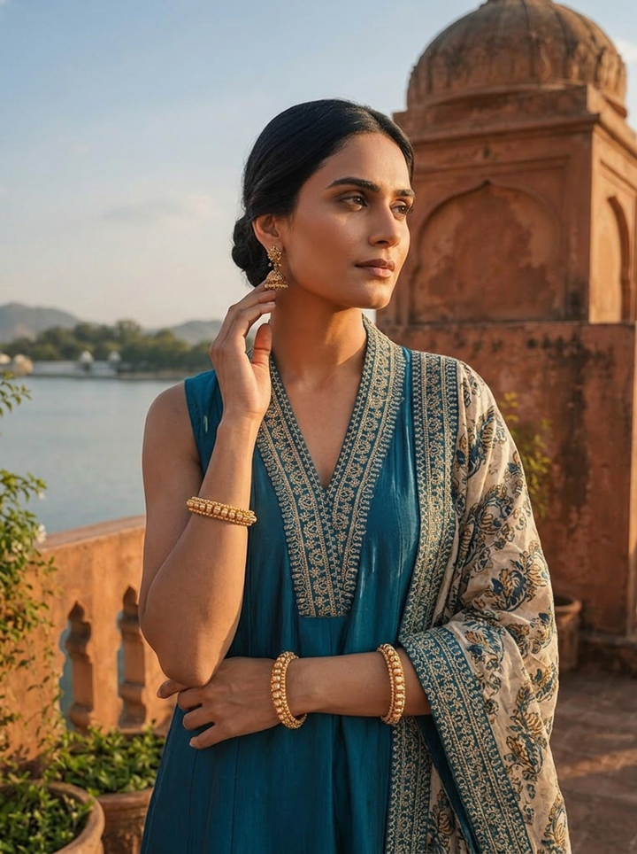 Peacock Silk Zari Embroidery Three Piece Set With Floral Dupatta