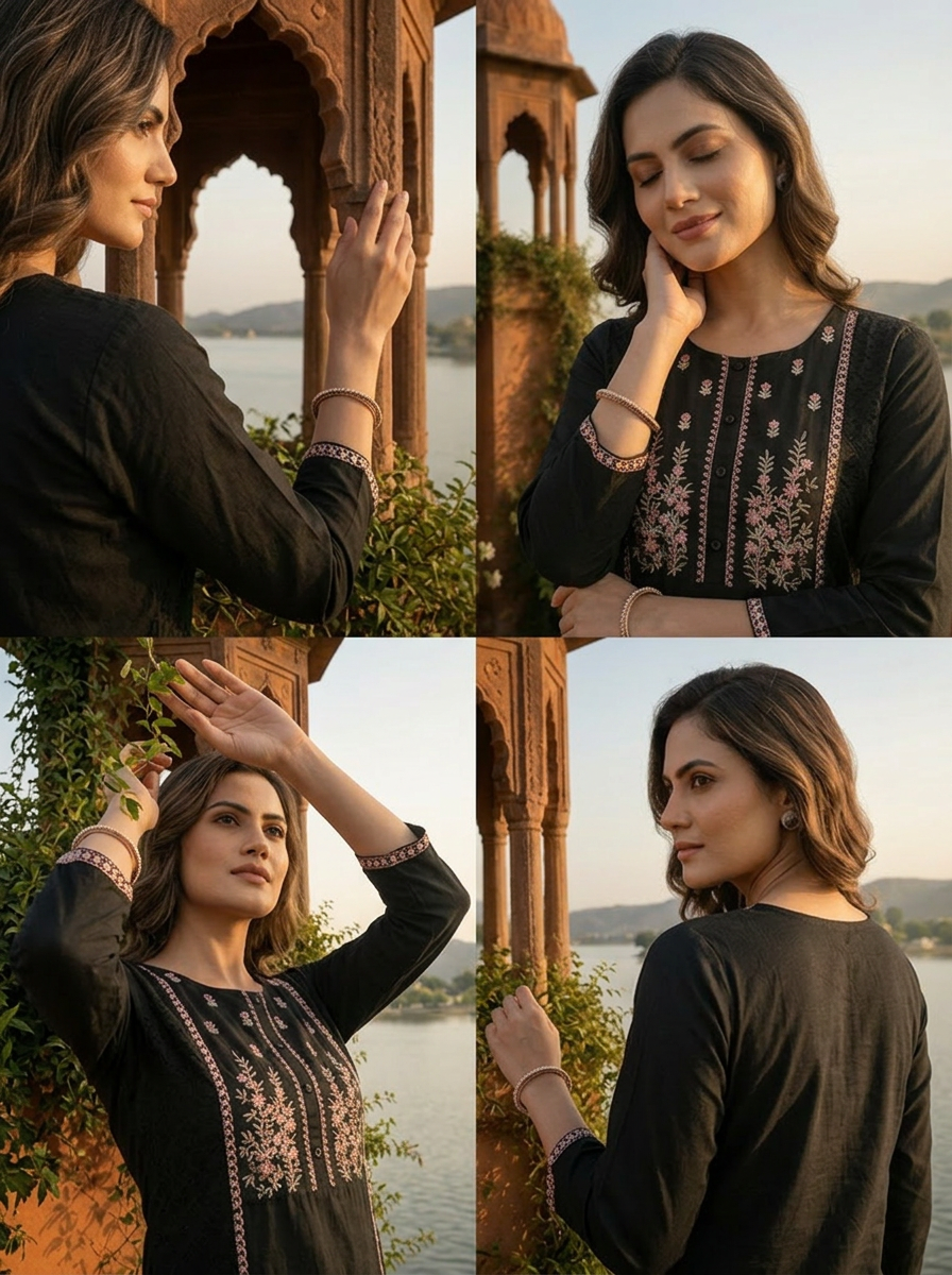 Black Cotton Multi Color Foil Mirror Embroidery Kurta