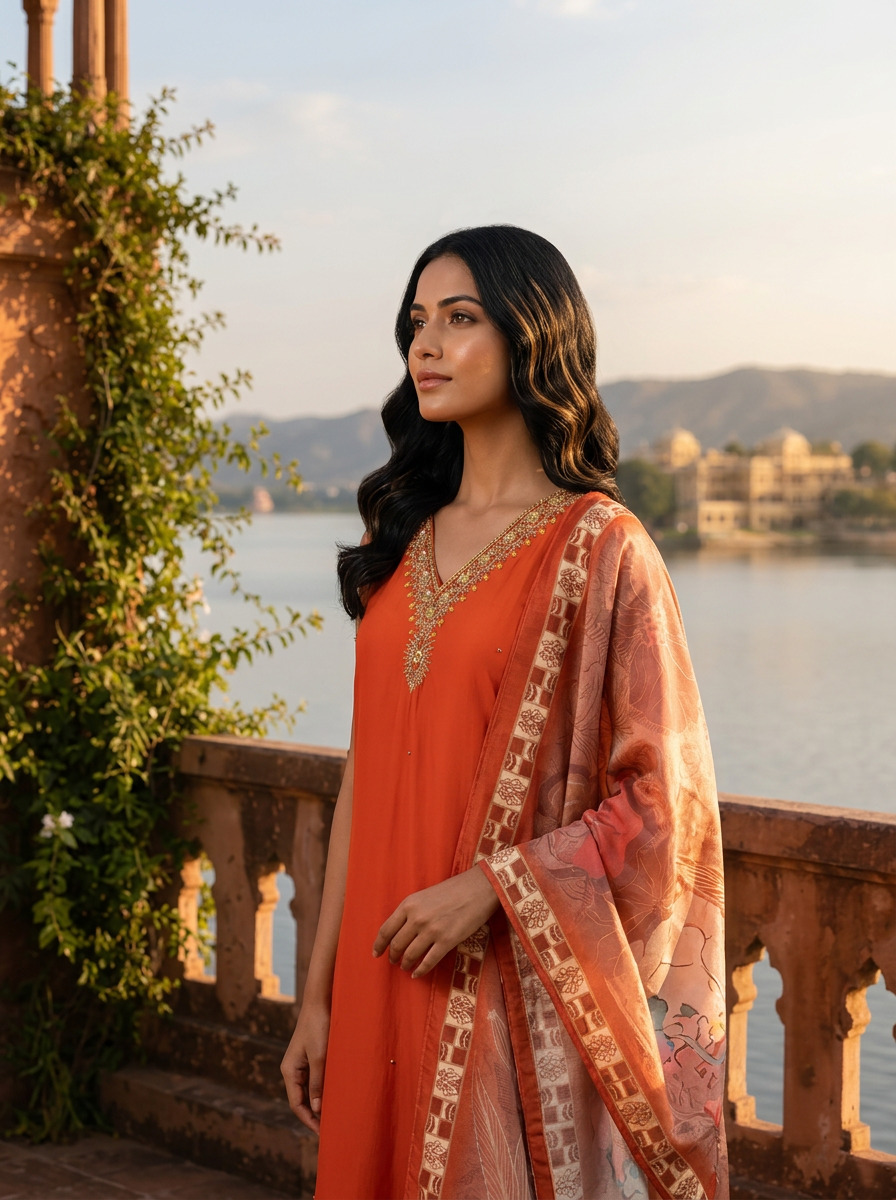Rust Silk Zardosi Embroidery Three Piece Set