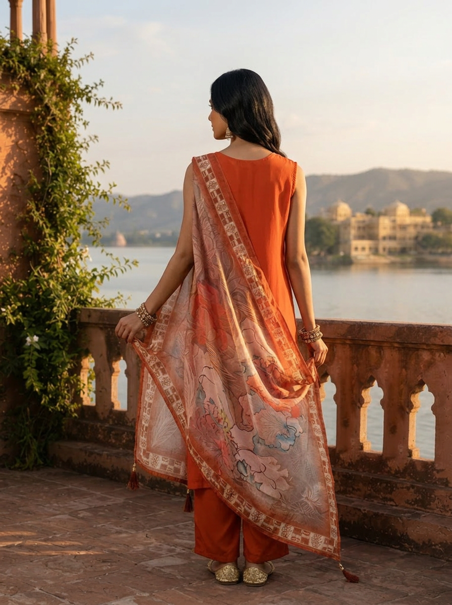 Rust Silk Zardosi Embroidery Three Piece Set