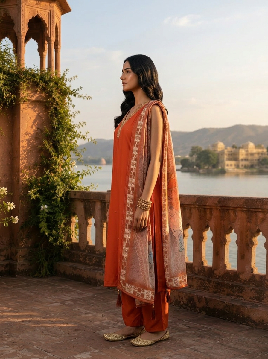 Rust Silk Zardosi Embroidery Three Piece Set