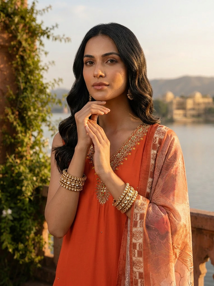 Rust Silk Zardosi Embroidery Three Piece Set