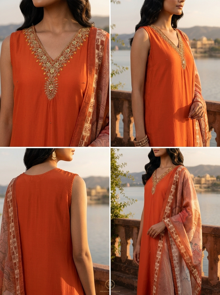 Rust Silk Zardosi Embroidery Three Piece Set