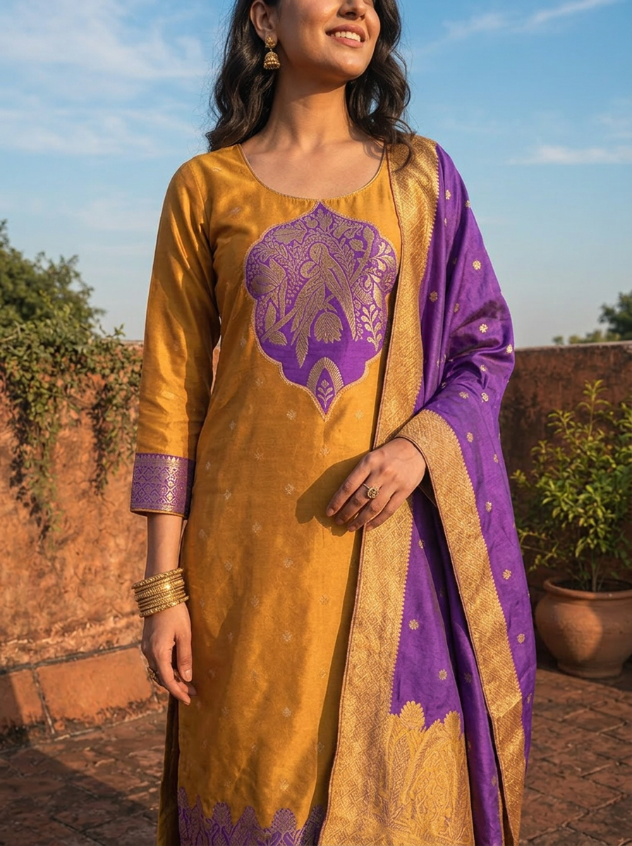 Mustard Silk Bird Panel Weaved Three Piece Set