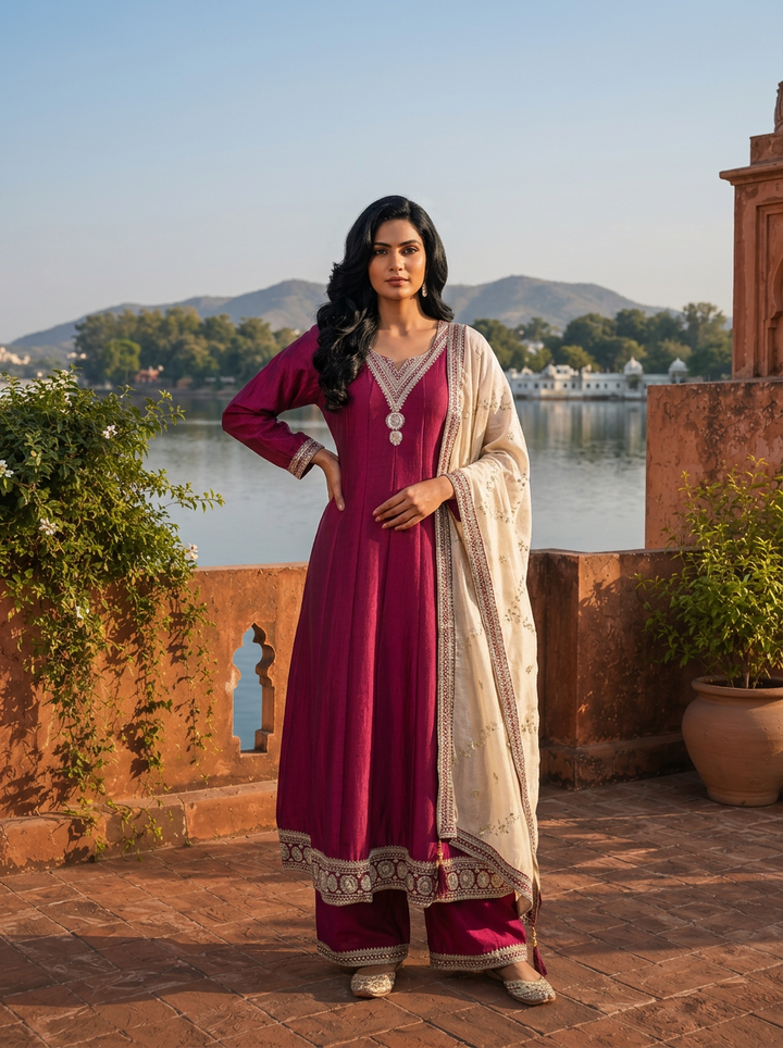 Wine Vichitra Silk Geometric Zari Embroidery Three Piece Set