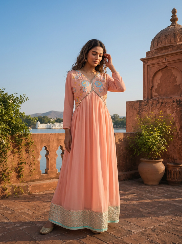 Peach Georgette Floral Sequence Dress