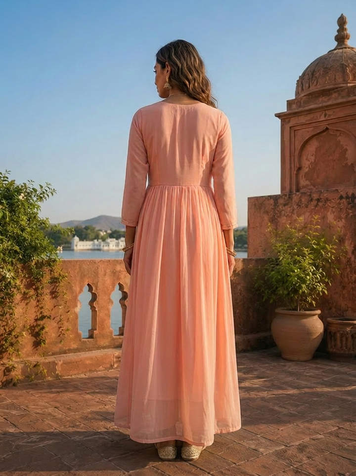 Peach Georgette Floral Sequence Dress