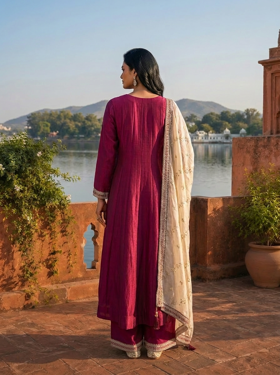 Wine Vichitra Silk Geometric Zari Embroidery Three Piece Set
