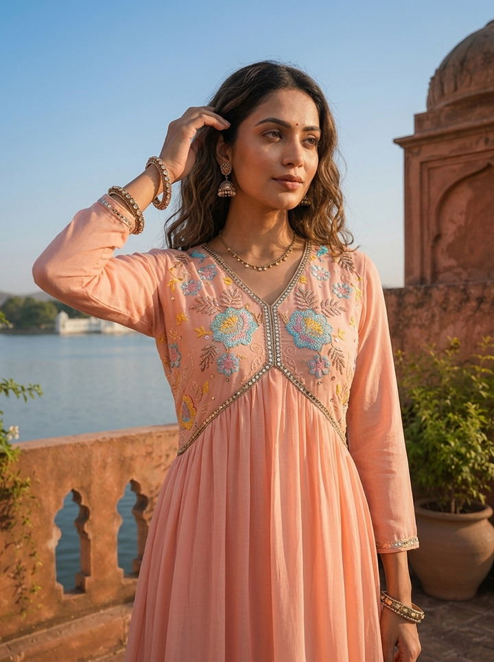 Peach Georgette Floral Sequence Dress