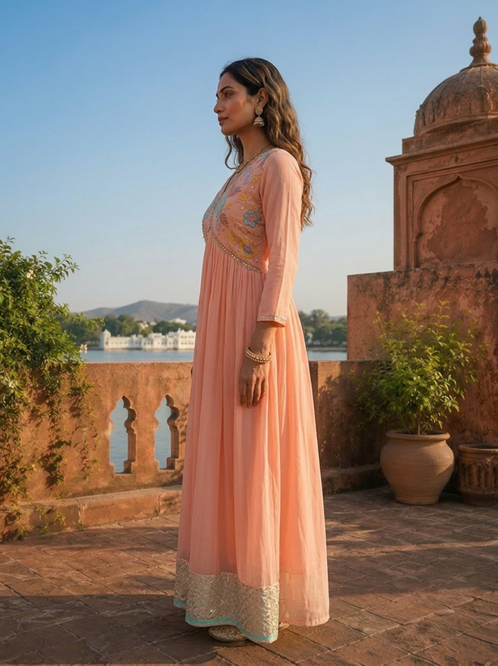 Peach Georgette Floral Sequence Dress