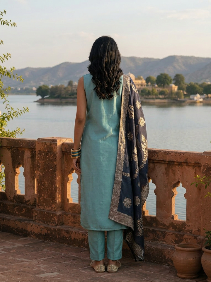 Sky Blue Vichitra Silk Embroidery Three Piece Set With Floral Weaved Dupatta