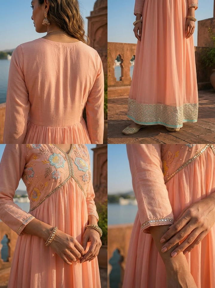 Peach Georgette Floral Sequence Dress