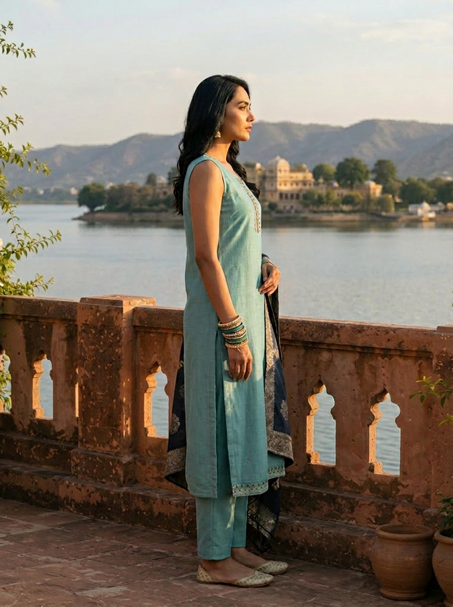 Sky Blue Vichitra Silk Embroidery Three Piece Set With Floral Weaved Dupatta