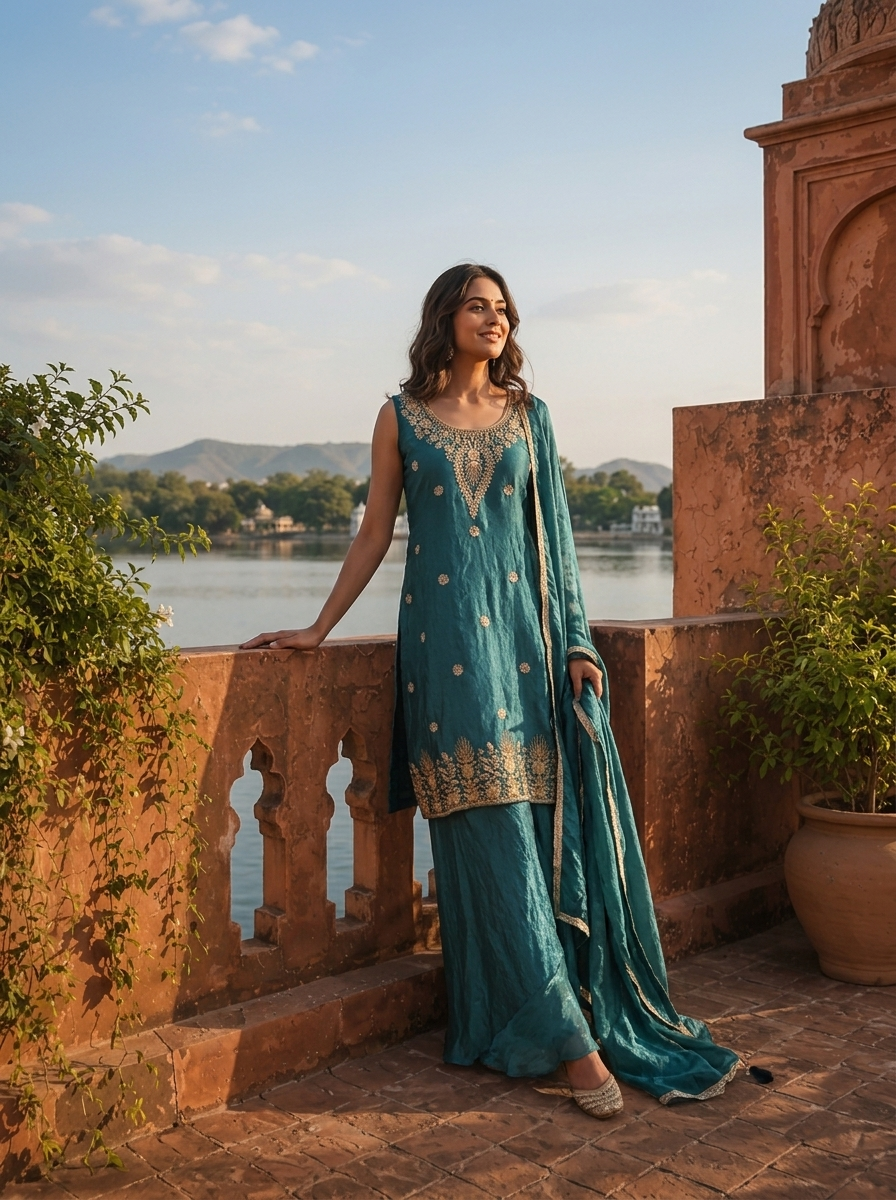 Peacock Silk Floral Jaal Embroidered Three Piece Set