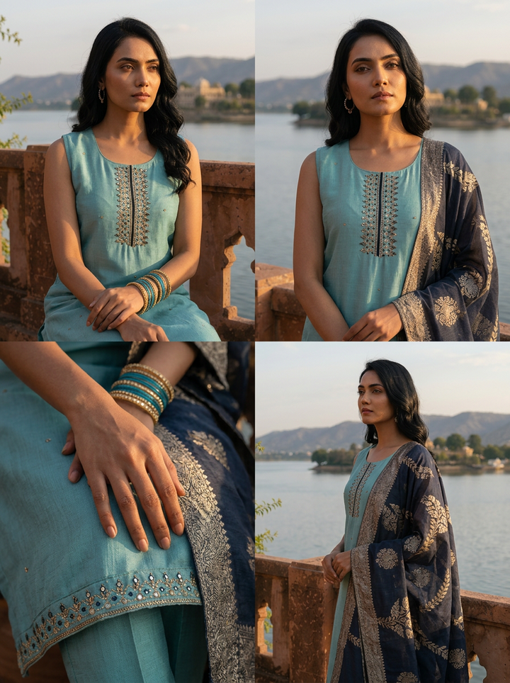 Sky Blue Vichitra Silk Embroidery Three Piece Set With Floral Weaved Dupatta
