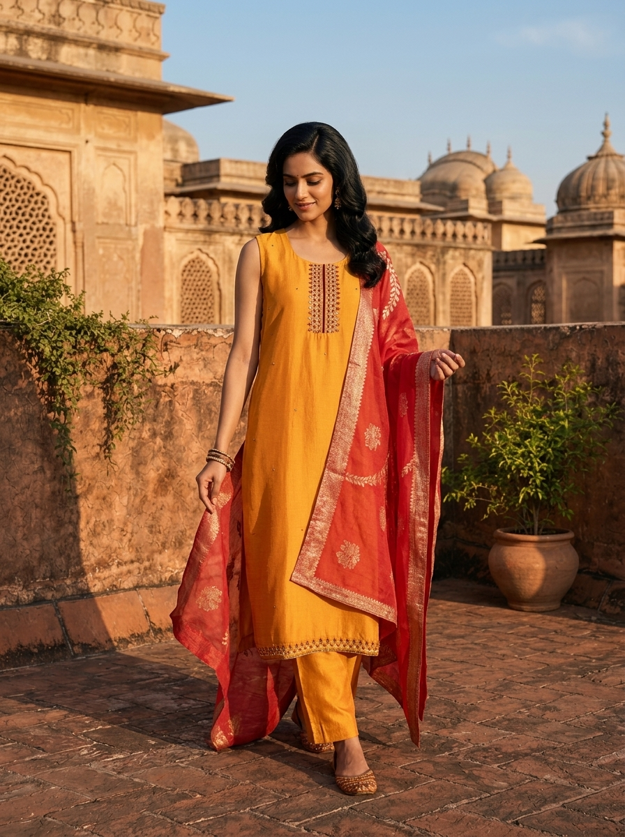 Mustard  Vichitra Silk Embroidery Three Piece Set With Floral Weaved Dupatta