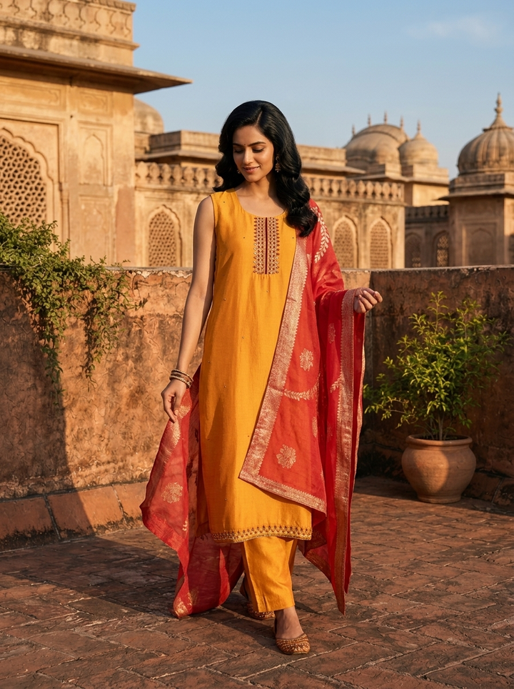 Mustard  Vichitra Silk Embroidery Three Piece Set With Floral Weaved Dupatta