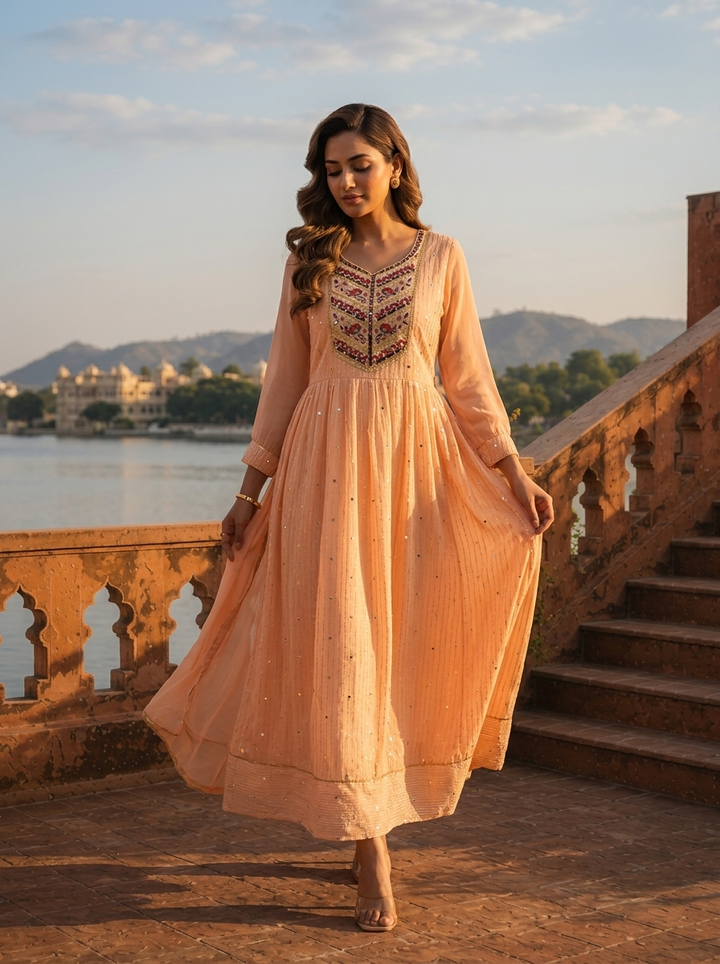 Peach Georgette Foil Mirror Embroidery Dress