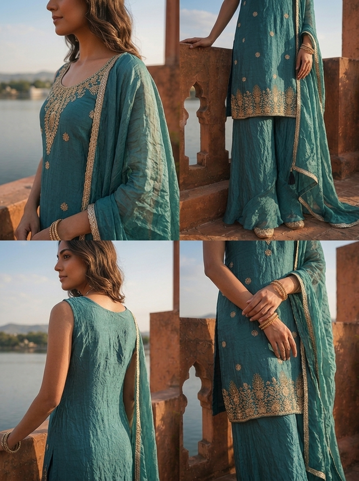 Peacock Silk Floral Jaal Embroidered Three Piece Set