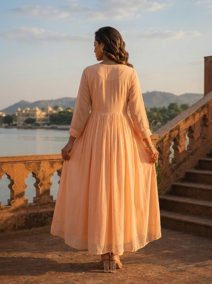 Peach Georgette Foil Mirror Embroidery Dress