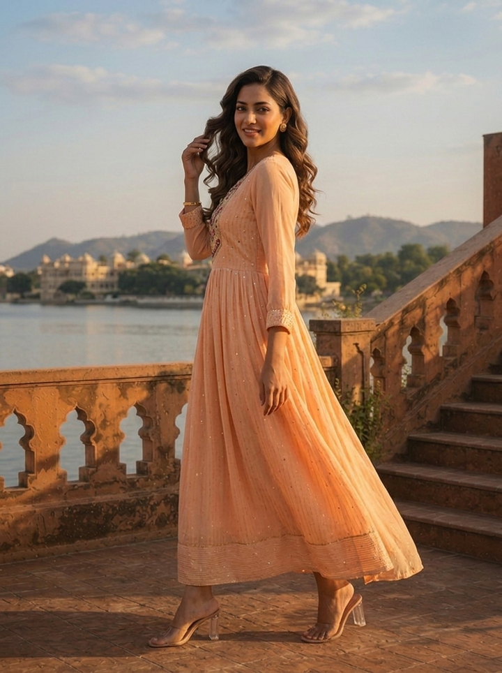 Peach Georgette Foil Mirror Embroidery Dress