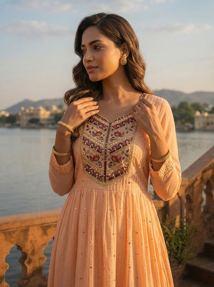 Peach Georgette Foil Mirror Embroidery Dress