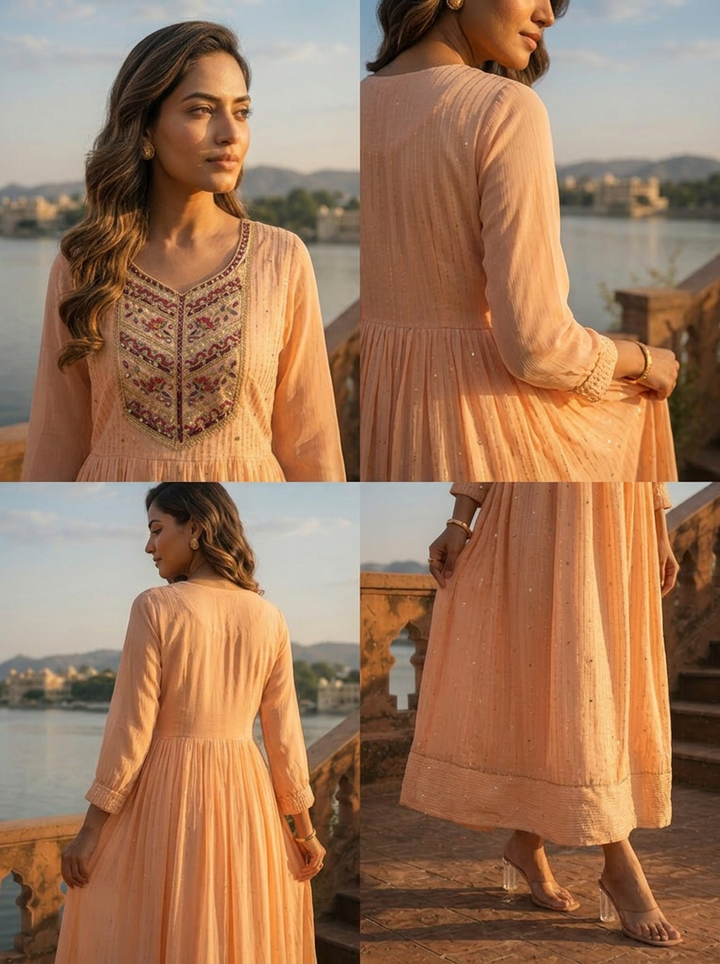 Peach Georgette Foil Mirror Embroidery Dress