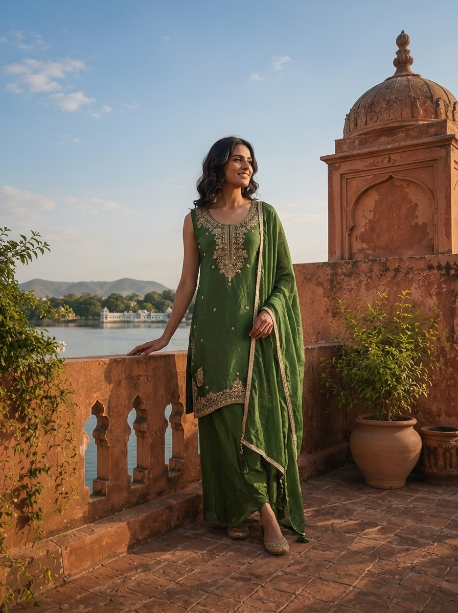 Green Silk Intricate Mughal Floral Embroidered Three Piece