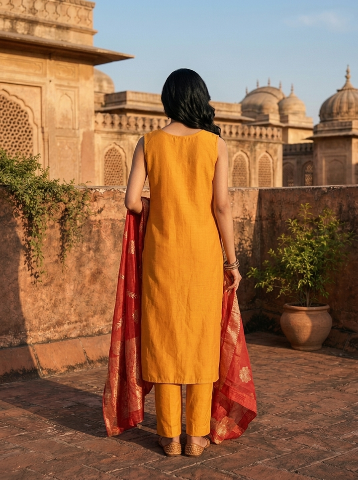 Mustard  Vichitra Silk Embroidery Three Piece Set With Floral Weaved Dupatta
