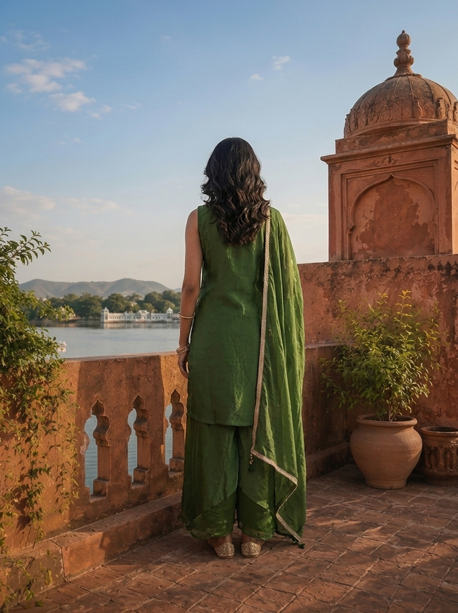 Green Silk Intricate Mughal Floral Embroidered Three Piece