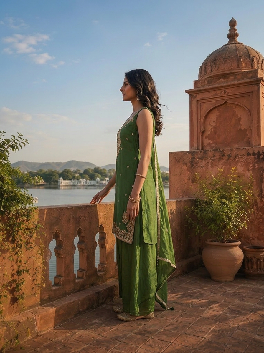 Green Silk Intricate Mughal Floral Embroidered Three Piece