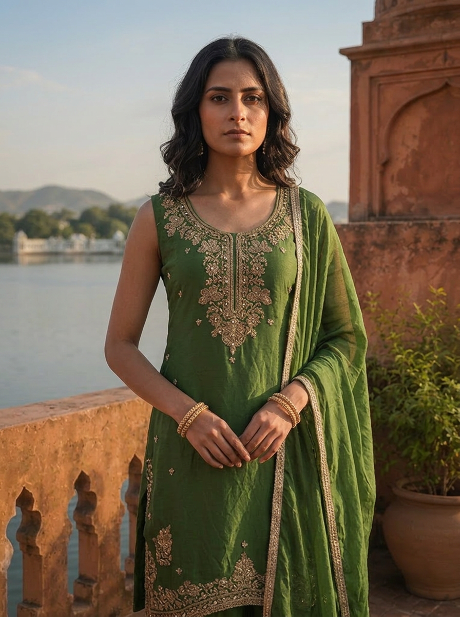 Green Silk Intricate Mughal Floral Embroidered Three Piece
