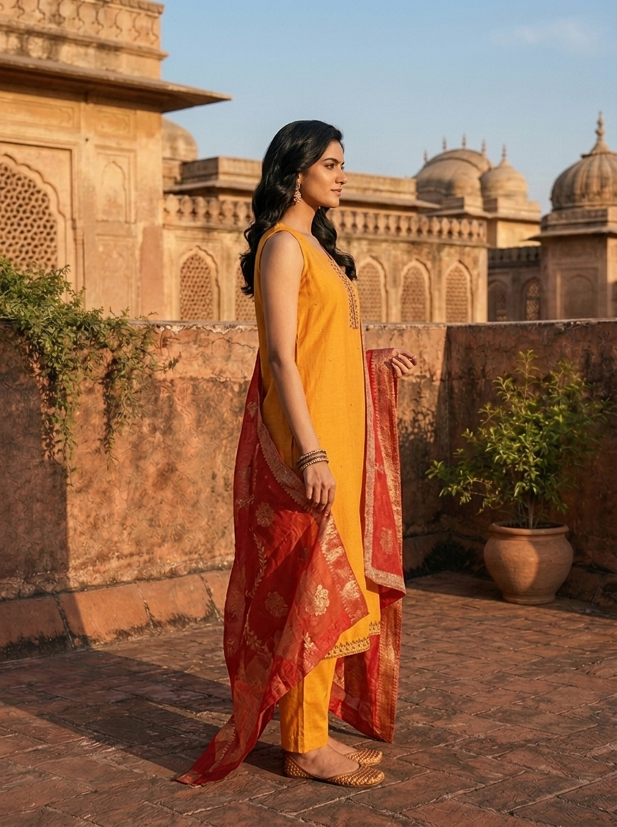 Mustard  Vichitra Silk Embroidery Three Piece Set With Floral Weaved Dupatta