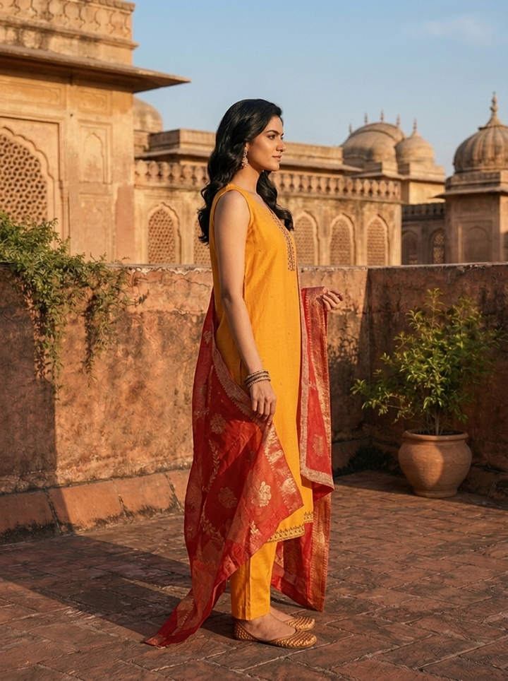 Mustard  Vichitra Silk Embroidery Three Piece Set With Floral Weaved Dupatta