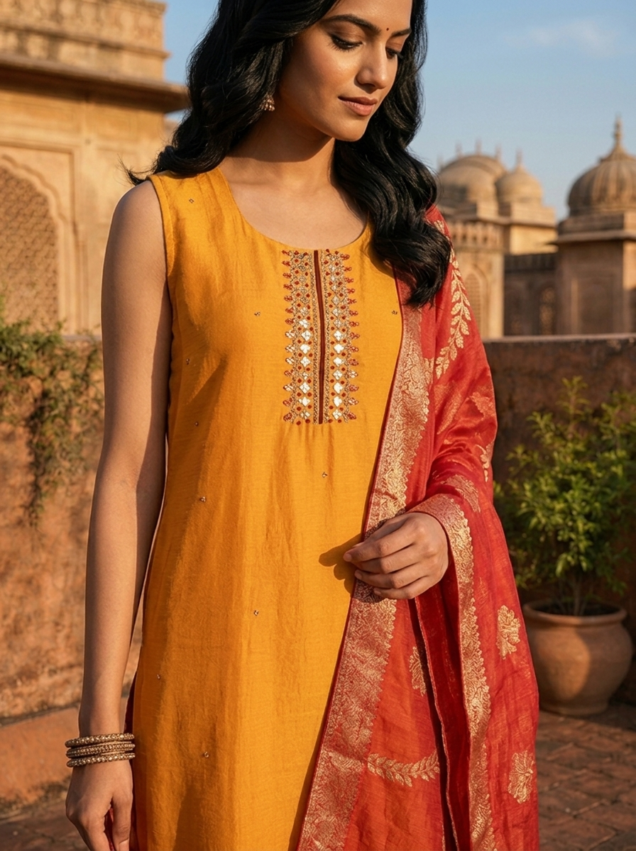 Mustard  Vichitra Silk Embroidery Three Piece Set With Floral Weaved Dupatta
