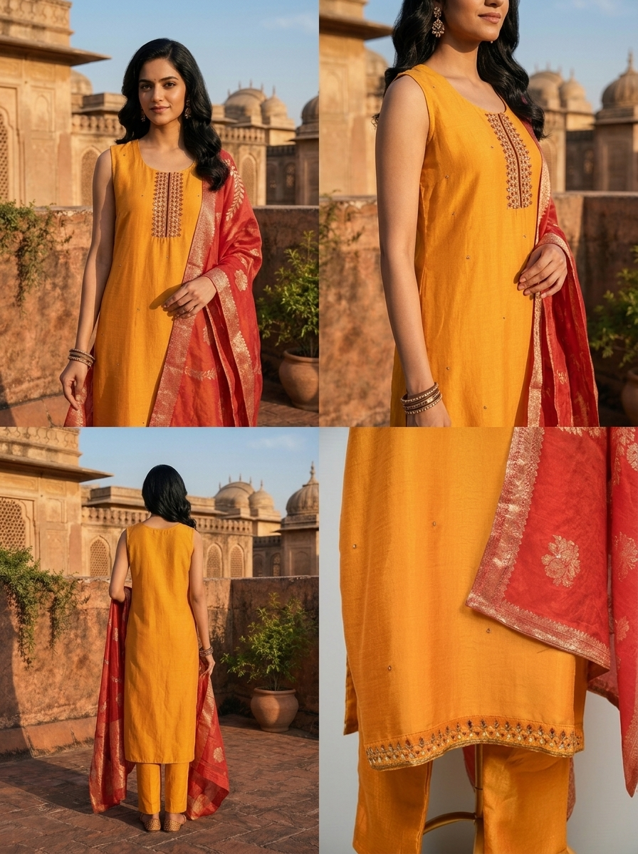 Mustard  Vichitra Silk Embroidery Three Piece Set With Floral Weaved Dupatta