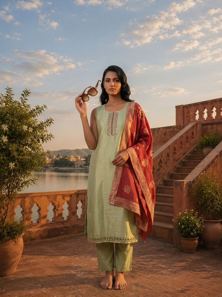 Pista Green Vichitra Silk Embroidery Three Piece Set With Floral Weaved Dupatta