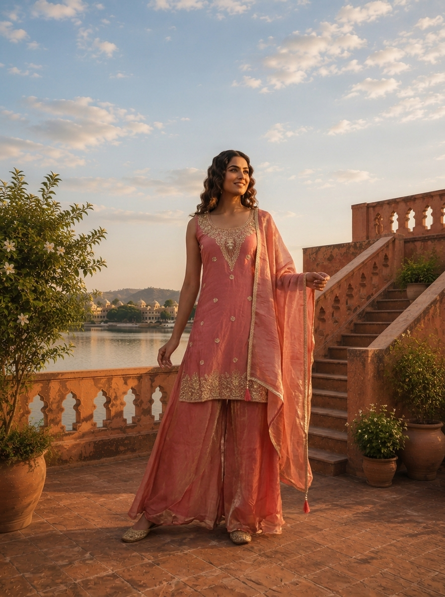Onion Silk Floral Jaal Embroidered Three Piece Set