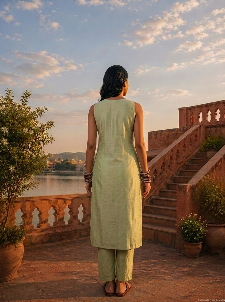 Pista Green Vichitra Silk Embroidery Three Piece Set With Floral Weaved Dupatta