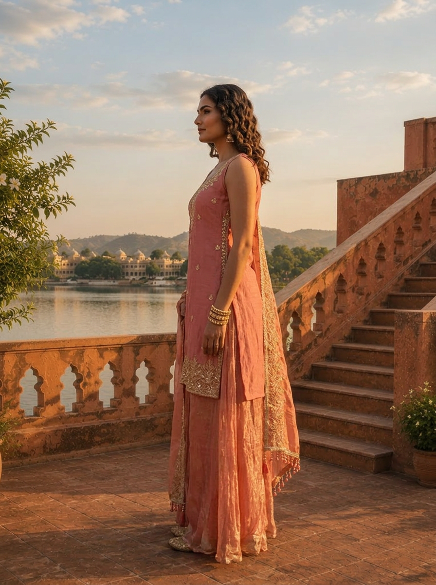 Onion Silk Floral Jaal Embroidered Three Piece Set