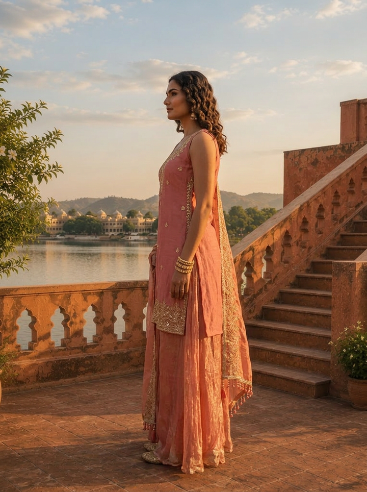 Onion Silk Floral Jaal Embroidered Three Piece Set