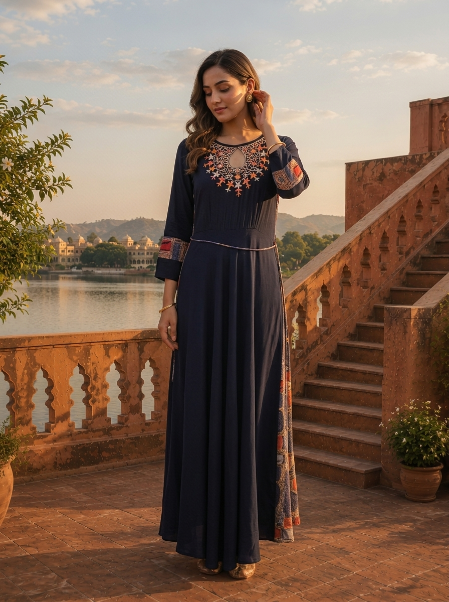 Navy Blue Rayon Floral Embroidery Dress