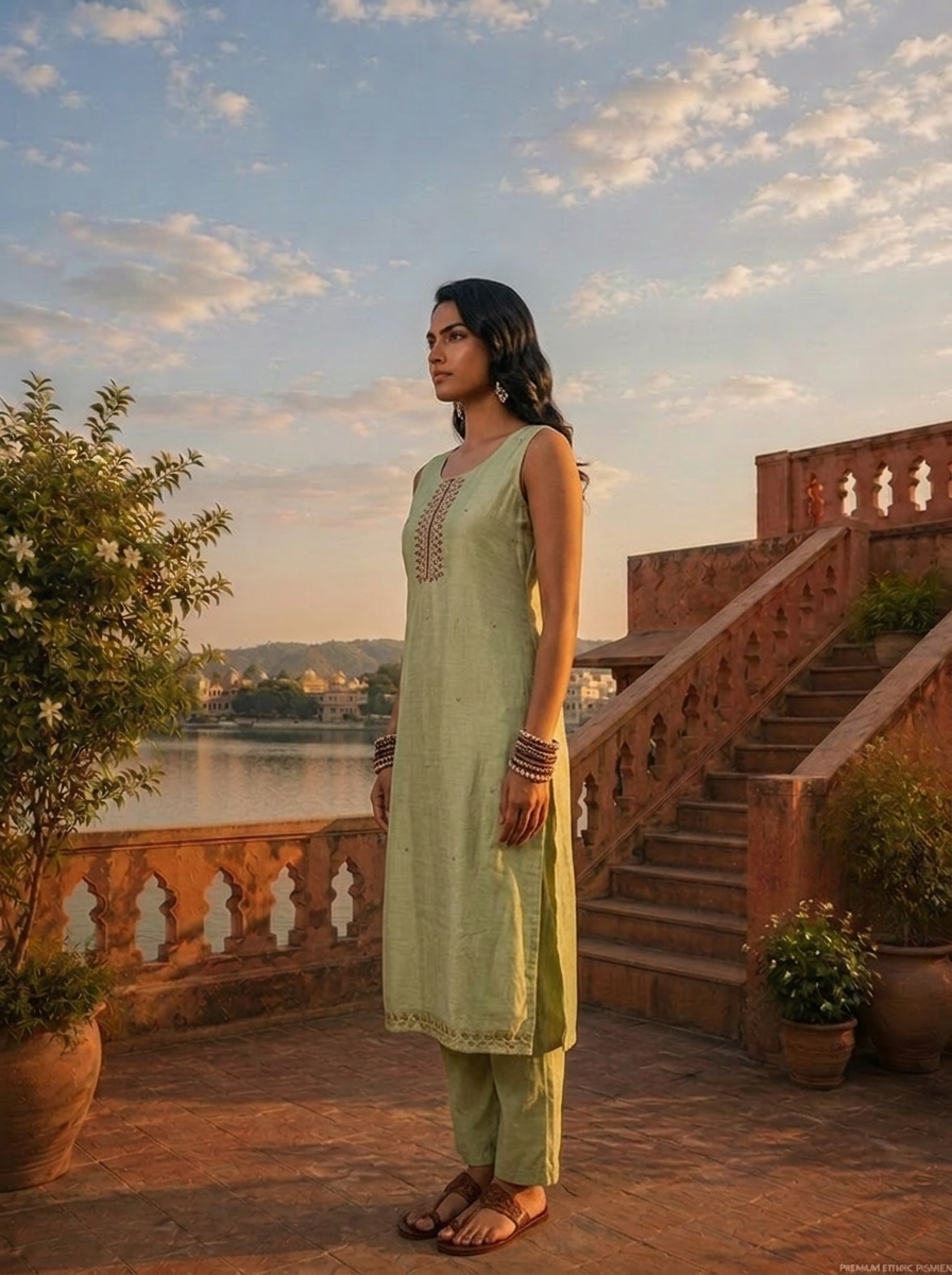 Pista Green Vichitra Silk Embroidery Three Piece Set With Floral Weaved Dupatta
