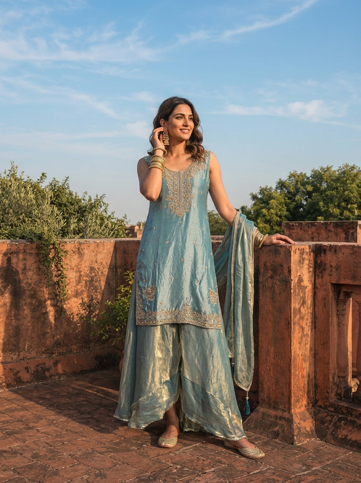 Ice Blue Silk Intricate Mughal Floral Embroidered Three Piece