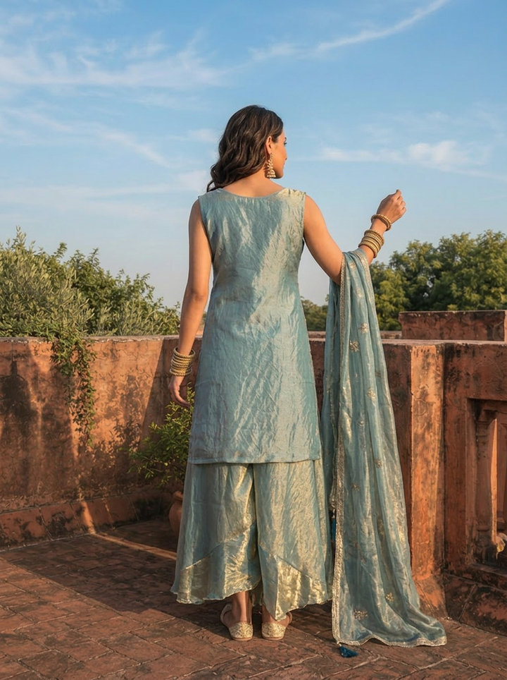 Ice Blue Silk Intricate Mughal Floral Embroidered Three Piece