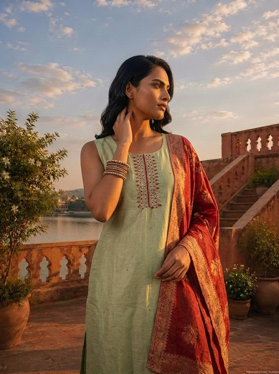 Pista Green Vichitra Silk Embroidery Three Piece Set With Floral Weaved Dupatta