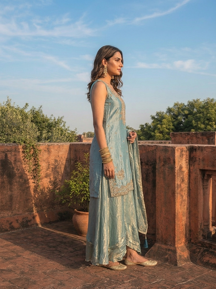 Ice Blue Silk Intricate Mughal Floral Embroidered Three Piece