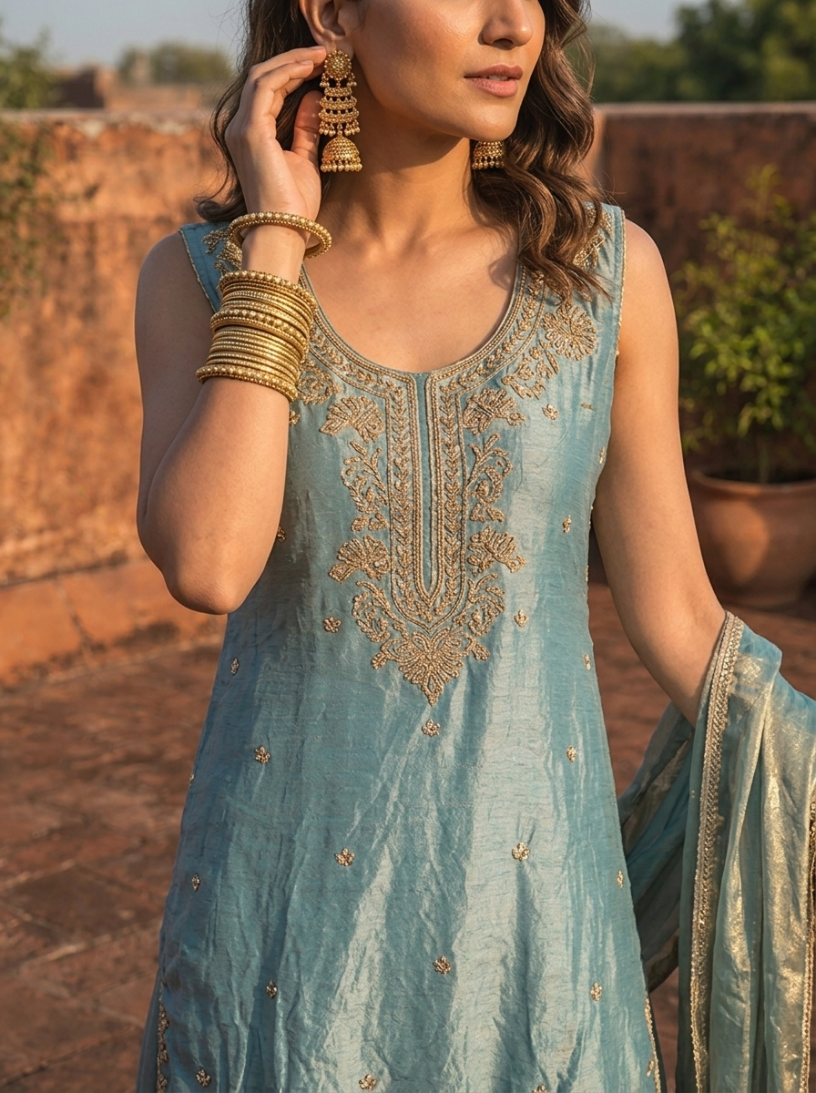 Ice Blue Silk Intricate Mughal Floral Embroidered Three Piece